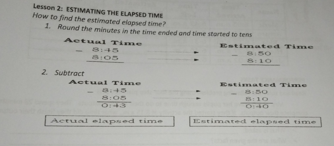Lesson 2: ESTIMATING THE ELAPSED TIME How to find the estimated elapsed time? 1. Round the minutes in the time ended and time started to tens Actual Time Estimated Time _ 2. Subtract Actual Time Estimated Time Actual elapsed time Estimated elapsed time